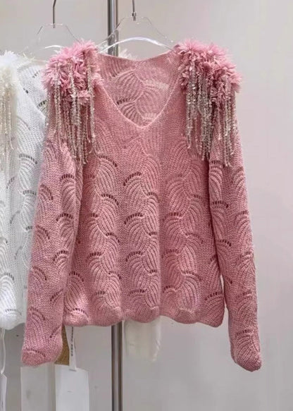 Handmade Pink V Neck Tasseled Hollow Out Knit Sweaters Fall