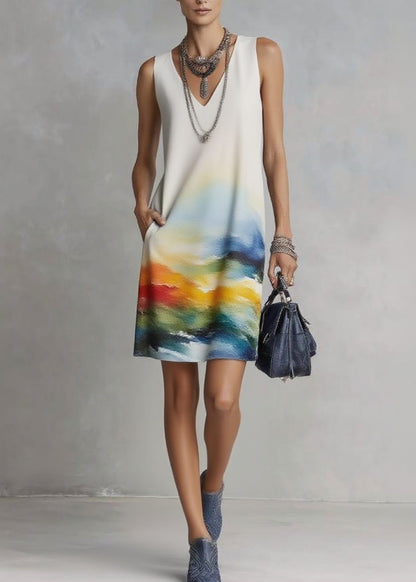 Handmade Print Mid Dresses V Neck Pockets Sleeveless