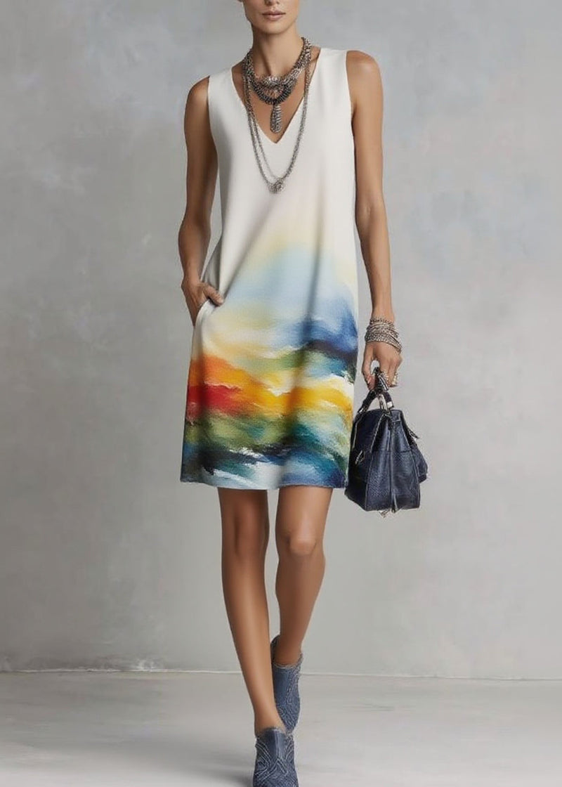 Handmade Print Mid Dresses V Neck Pockets Sleeveless