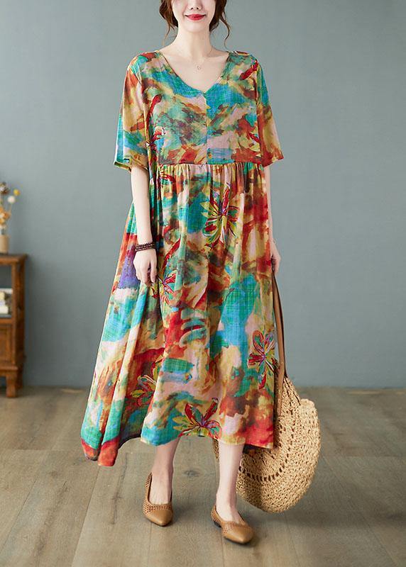 Handmade Print V Neck Patchwork Pockets Summer Long Dresses Half Sleeve