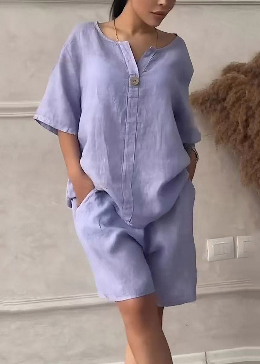 Handmade Purple V Neck Patchwork T Shirts and Shorts Two Pieces Set Short Sleeve