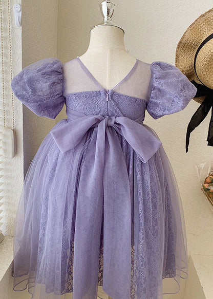 Handmade Purple Wrinkled Nail Bead Bow Patchwork Tulle Kids Dresses Summer