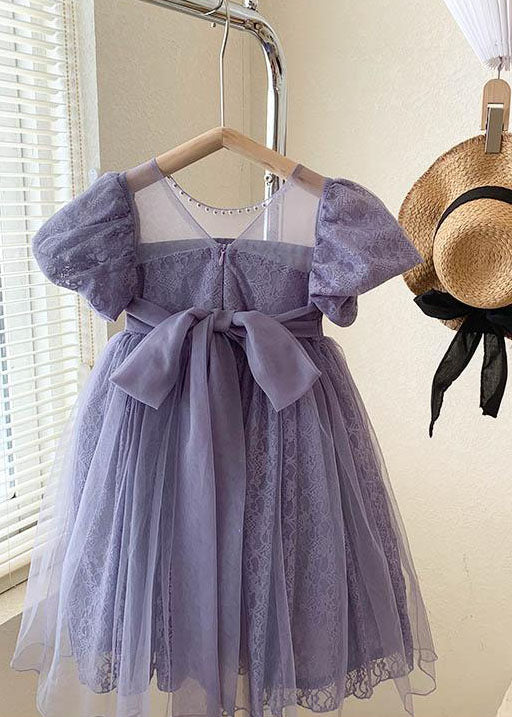 Handmade Purple Wrinkled Nail Bead Bow Patchwork Tulle Kids Dresses Summer