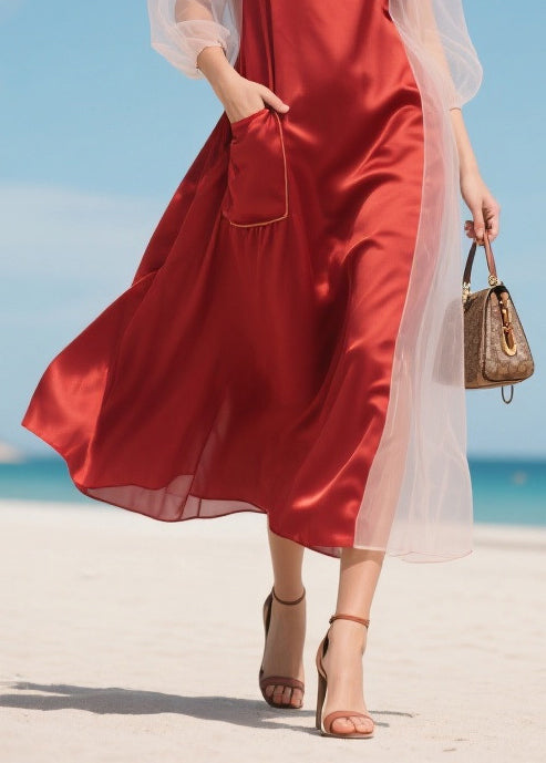 Handmade Red Asymmetrical Patchwork Tulle Robe Dresses Summer