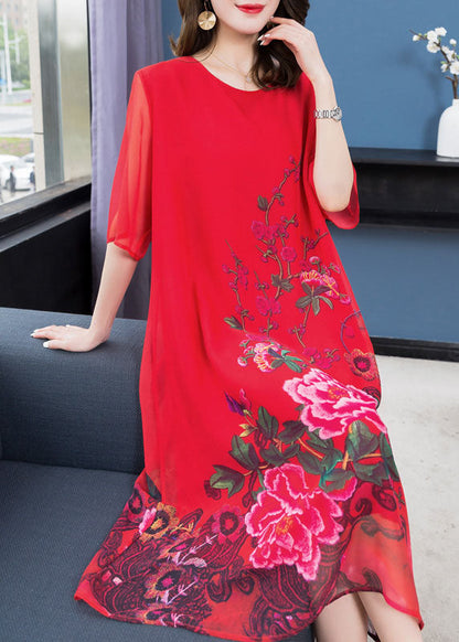 Handmade Red O Neck Patchwork Chiffon Dress Summer