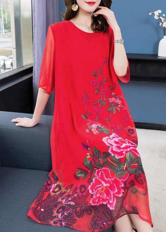 Handmade Red O Neck Patchwork Chiffon Dress Summer