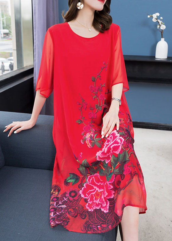 Handmade Red O Neck Patchwork Chiffon Dress Summer