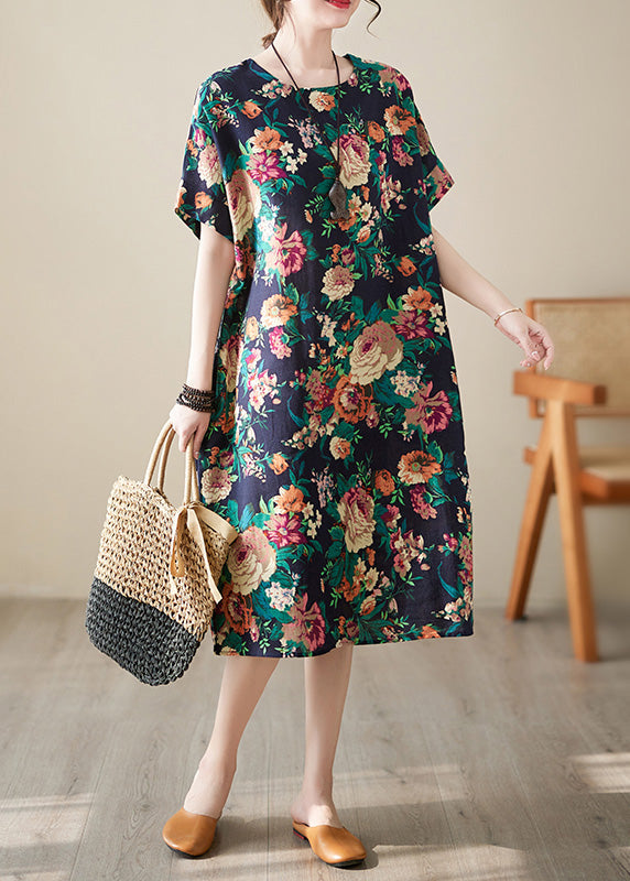 Handmade Red O-neck Print Cotton Long Dress Short Sleeve