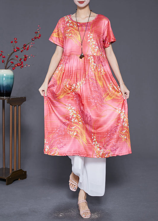 Handmade Red O-neck Print Cotton Maxi Dresses Summer