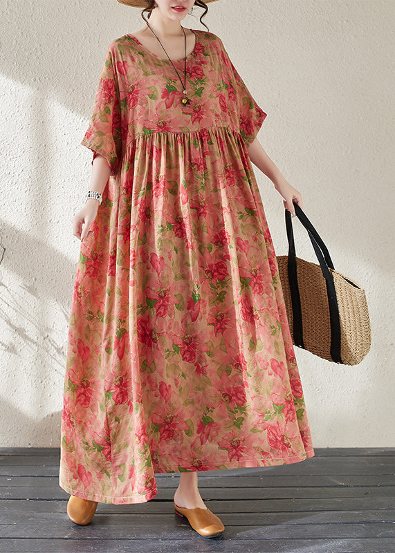 Handmade Red O-neck Print Patchwork Maxi Dress Summer