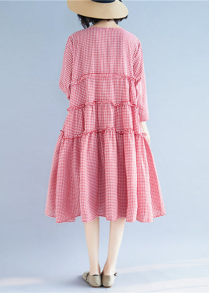 Handmade Red O-neck Ruffled Plaid Holiday Dress Long Sleeve