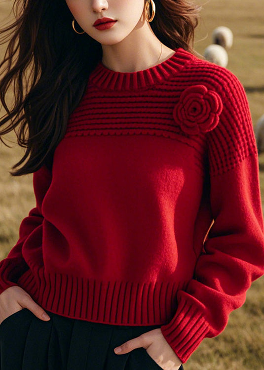 Handmade Red O Neck Thick Knit Sweaters Winter