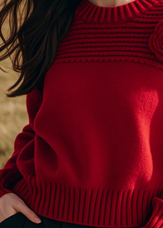 Handmade Red O Neck Thick Knit Sweaters Winter