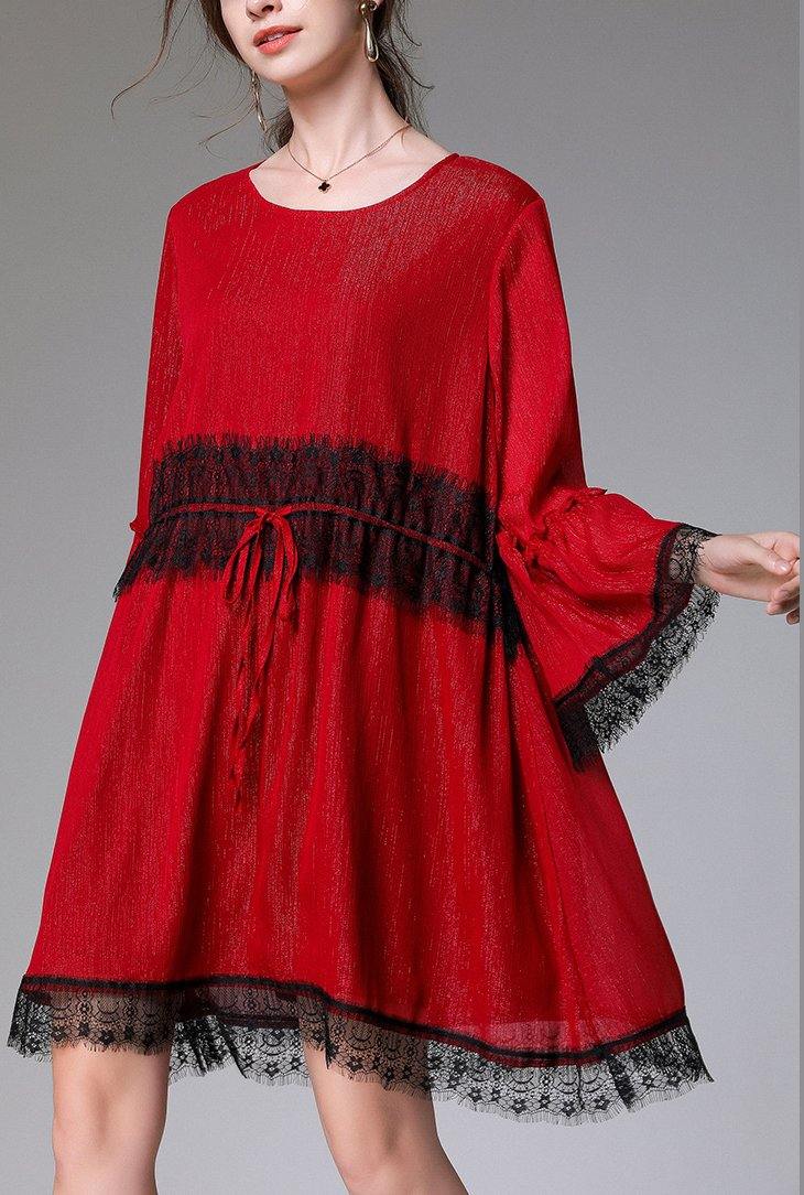 Handmade Red Patchwork Chiffon Flare Sleeve Summer Mini Dresses