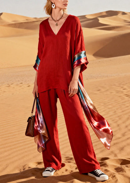 Handmade Red V Neck Patchwork Linen Silk Two Piece Set Clothing Summer