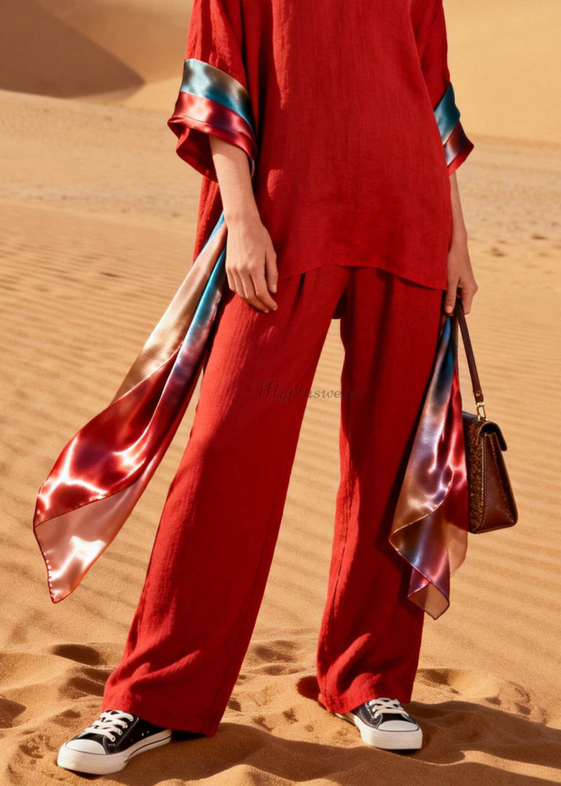 Handmade Red V Neck Patchwork Linen Silk Two Piece Set Clothing Summer