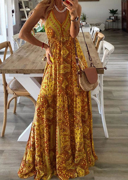 Handmade Red V Neck Print Cotton Spaghetti Strap Dress Summer