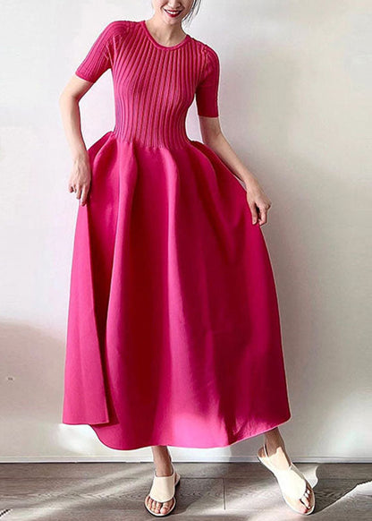 Handmade Rose O-neck Knit Patchwork Fake Two Pieces Maxi Dress Short Sleeve