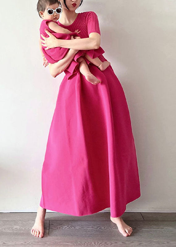 Handmade Rose O-neck Knit Patchwork Fake Two Pieces Maxi Dress Short Sleeve