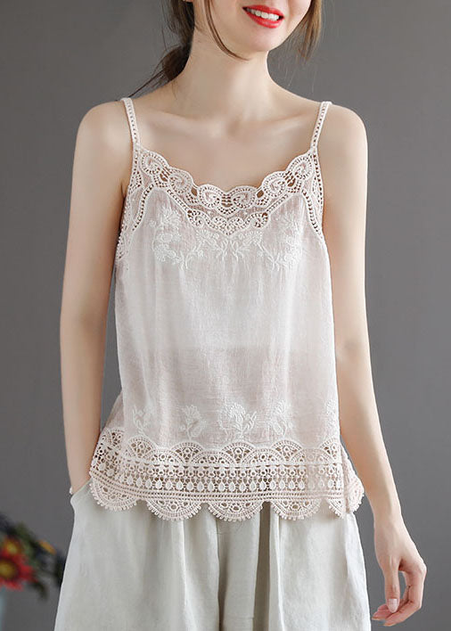 Handmade White Lace Patchwork Cotton Spaghetti Strap Tops Summer