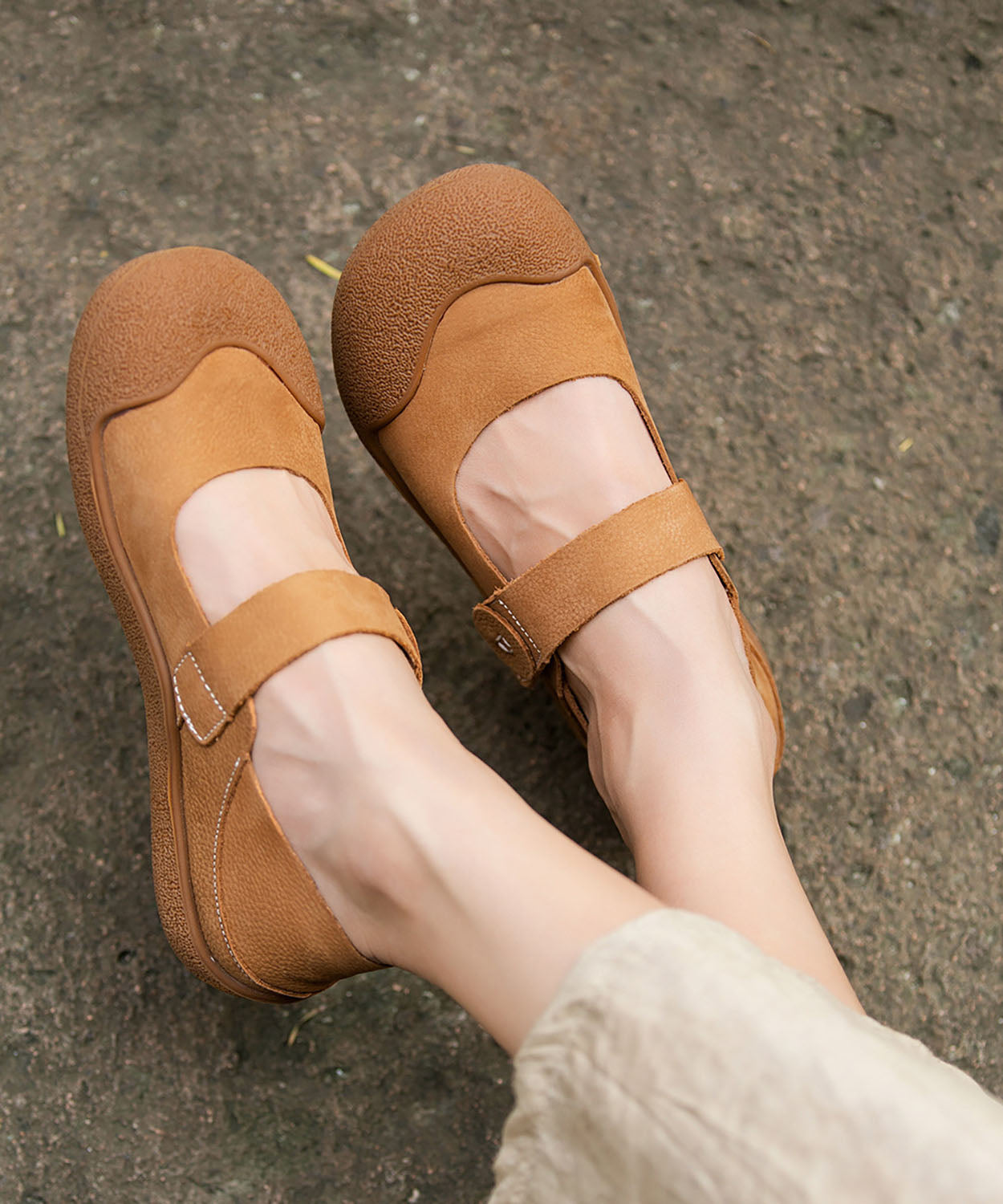 Handmade Splicing Flats Yellow Cowhide Leather Buckle Strap