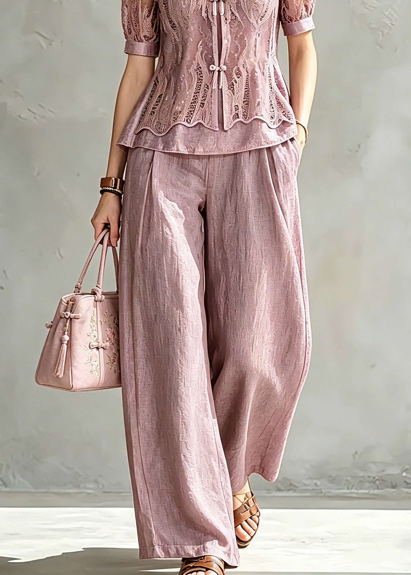 Handmade Stand Collar Lace Patchwork Chiffon Shirt and Wide Leg Pants Two Pieces Set Summer