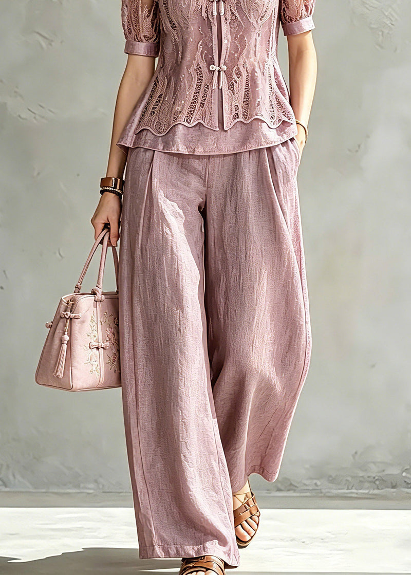 Handmade Stand Collar Lace Patchwork Chiffon Shirt and Wide Leg Pants Two Pieces Set Summer