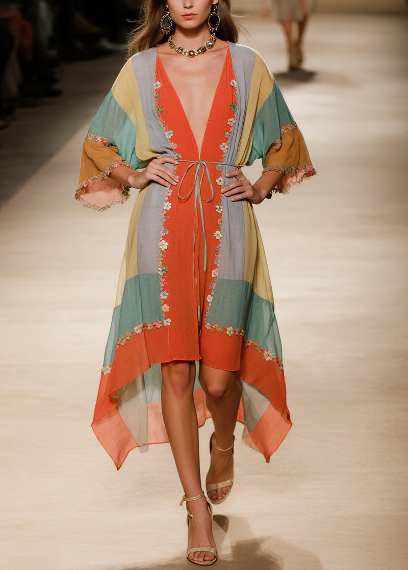 Handmade V Neck Asymmetrical Design Cotton Dress Summer