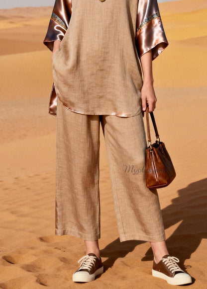 Handmade V Neck Patchwork Linen Silk Two Pieces Set Summer