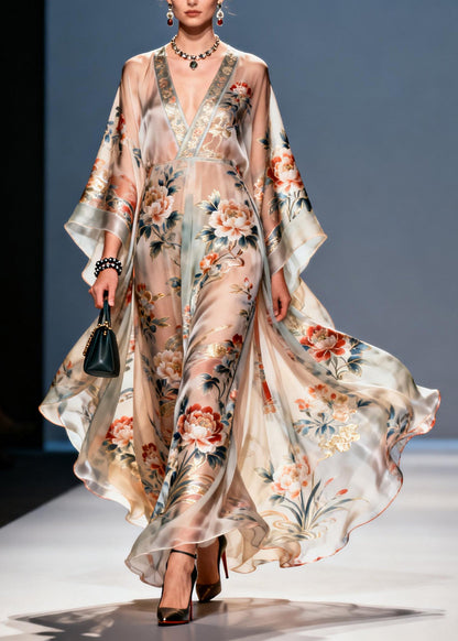 Handmade V Neck Print Chiffon Vacation Dresses Summer