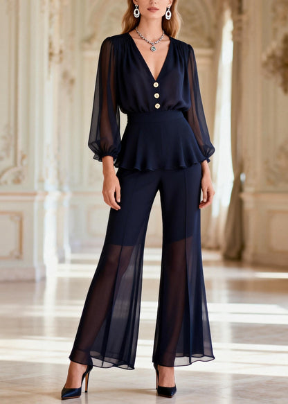 Handmade V Neck Top and Flared Trousers Silk Two Piece Set Spring