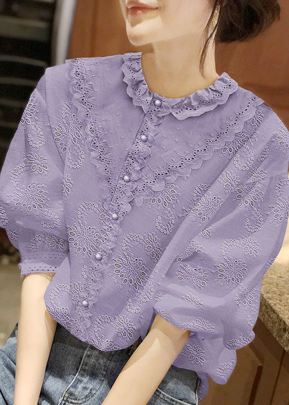 Handmade White O-neck Button Lace Shirt Half Sleeve