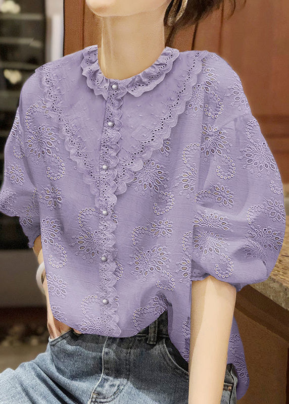 Handmade White O-neck Button Lace Shirt Half Sleeve