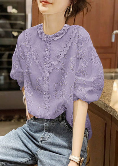 Handmade White O-neck Button Lace Shirt Half Sleeve