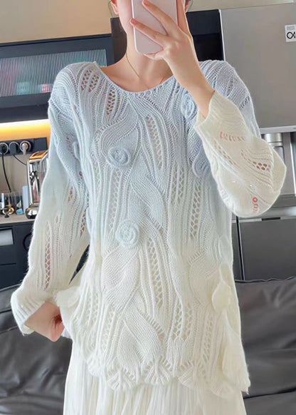 Handmade White O Neck Knit Sweater Tops Fall