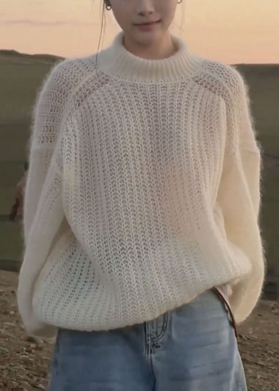 Handmade White Patchwork Cotton Knit Sweaters Spring