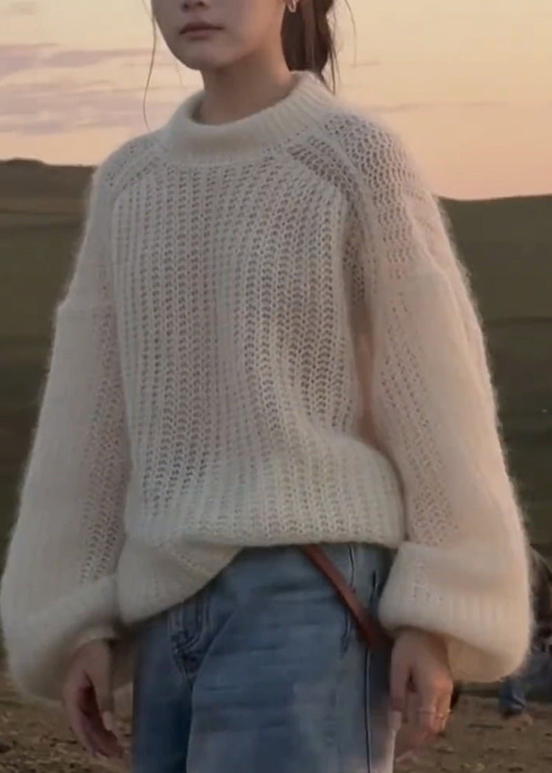 Handmade White Patchwork Cotton Knit Sweaters Spring