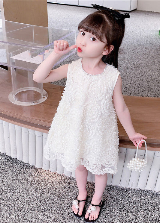 Handmade White Pearl Patchwork Cotton Kids Mid Dresses Summer