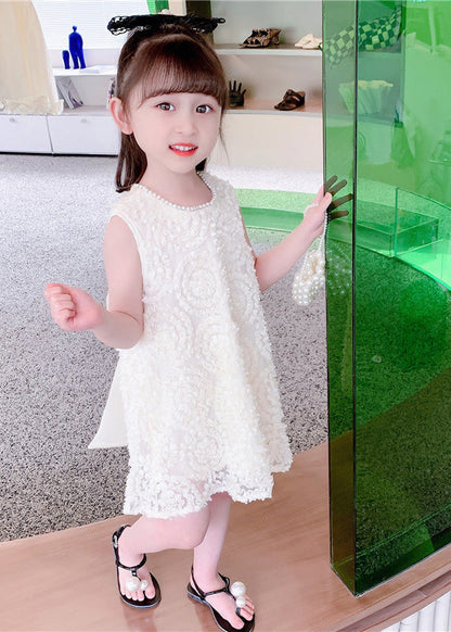 Handmade White Pearl Patchwork Cotton Kids Mid Dresses Summer