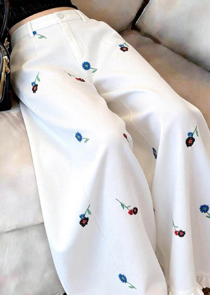 Handmade White Ruffled Patchwork Wide Leg Pants