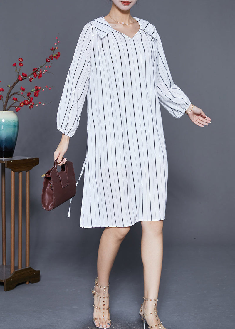 Handmade White Striped Tie Waist Cotton Shirt Dresses Summer