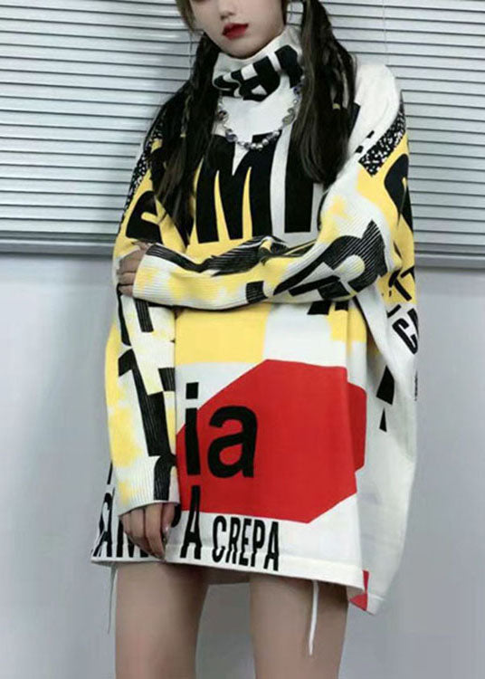 Handmade White Turtle Neck Graphic Knit Tops Winter