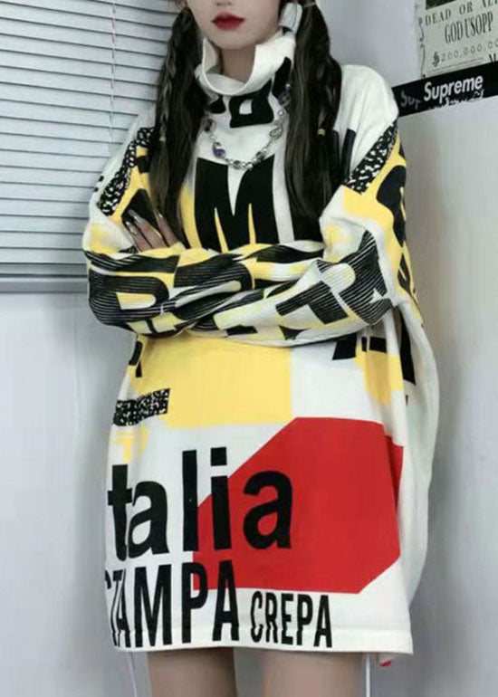 Handmade White Turtle Neck Graphic Knit Tops Winter