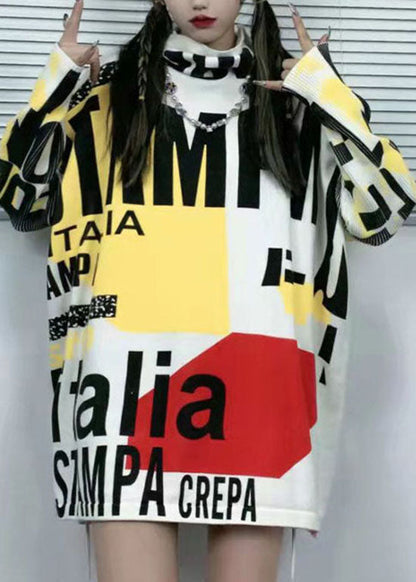 Handmade White Turtle Neck Graphic Knit Tops Winter