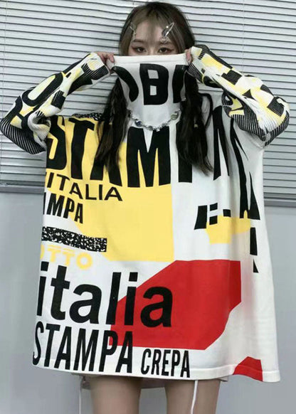 Handmade White Turtle Neck Graphic Knit Tops Winter