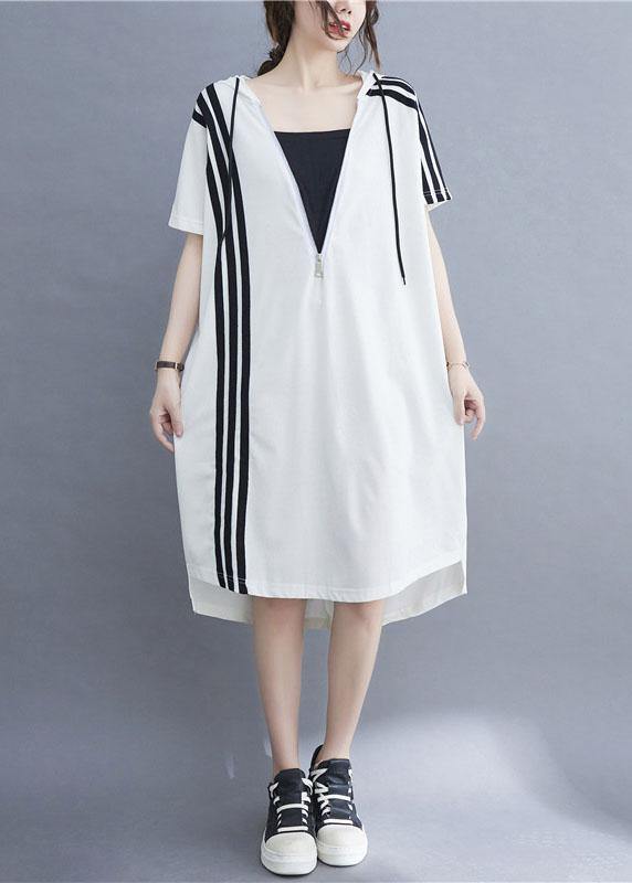 Handmade White Hooded Zippered Cotton Summer Mid Dress