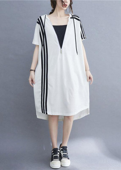 Handmade White Hooded Zippered Cotton Summer Mid Dress