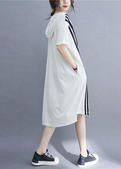 Handmade White Hooded Zippered Cotton Summer Mid Dress