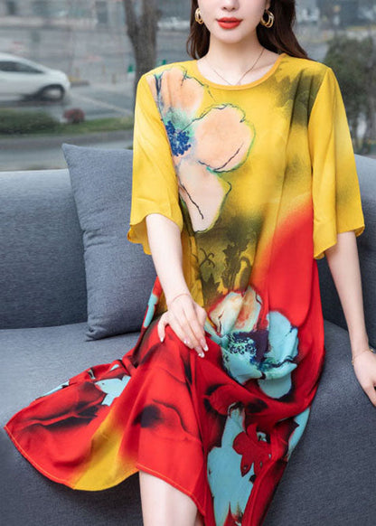 Handmade Yellow O Neck Print Patchwork Chiffon Dress Summer
