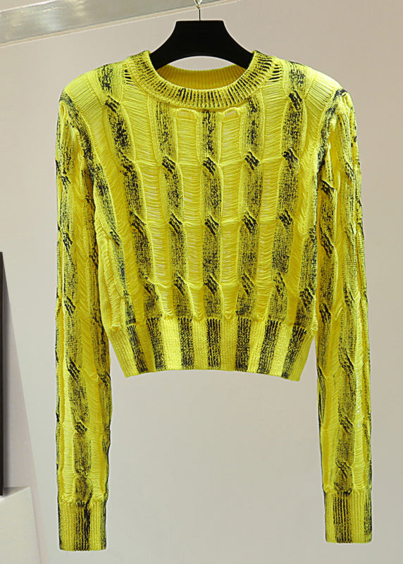 Handmade Yellow O-neck Striped Patchwork Knit Sweater Spring